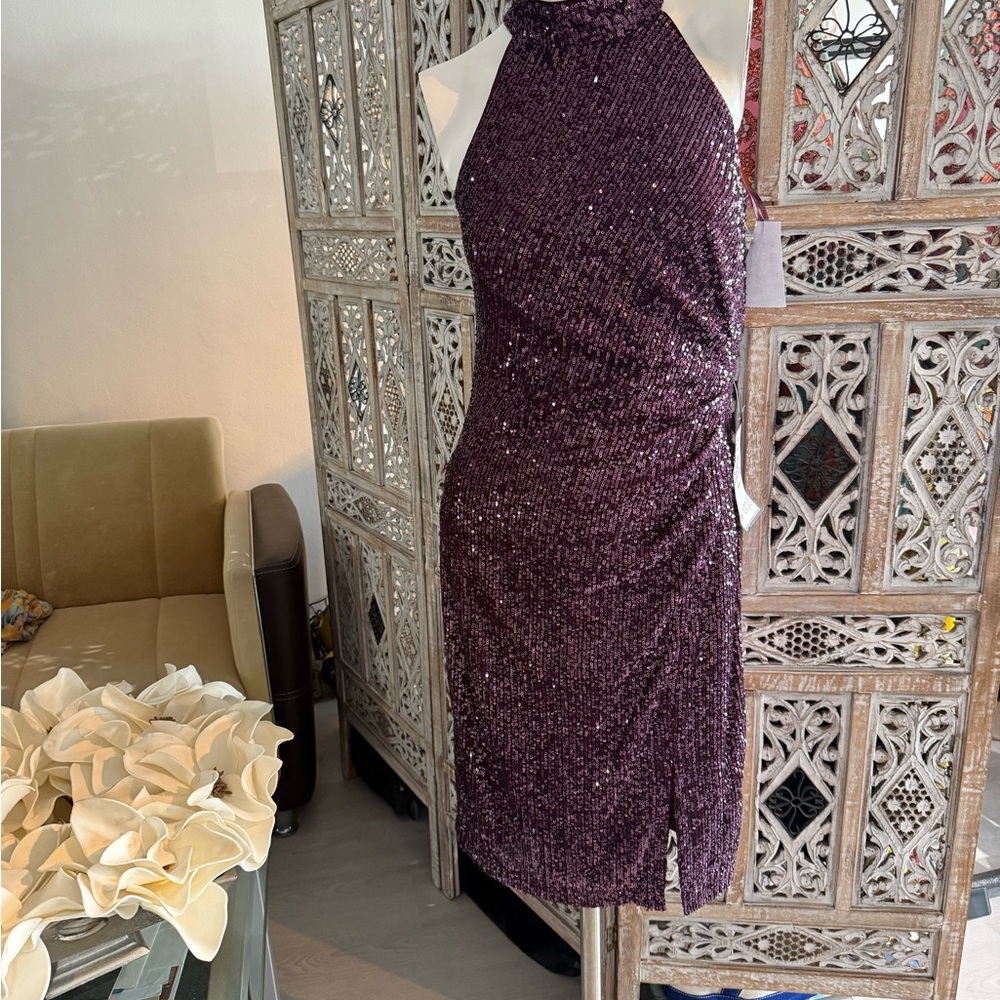 Elegant Purple Sequin Halter Dress